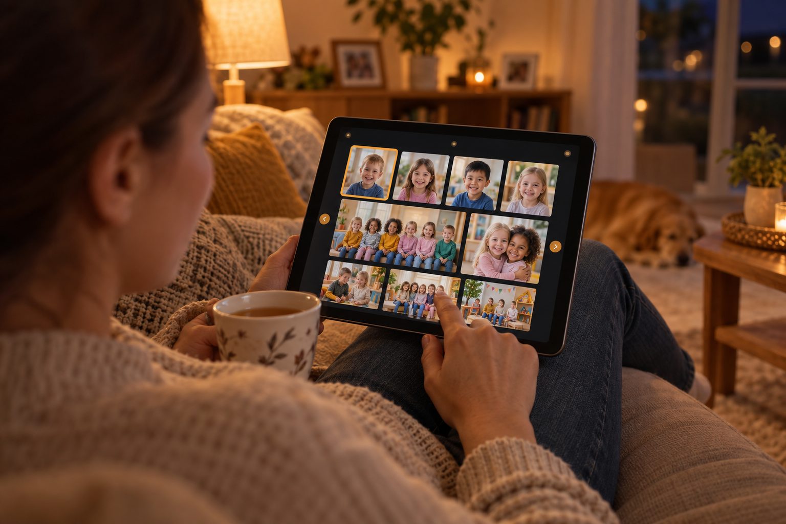 A parent selecting school photographs in an online gallery on a tablet