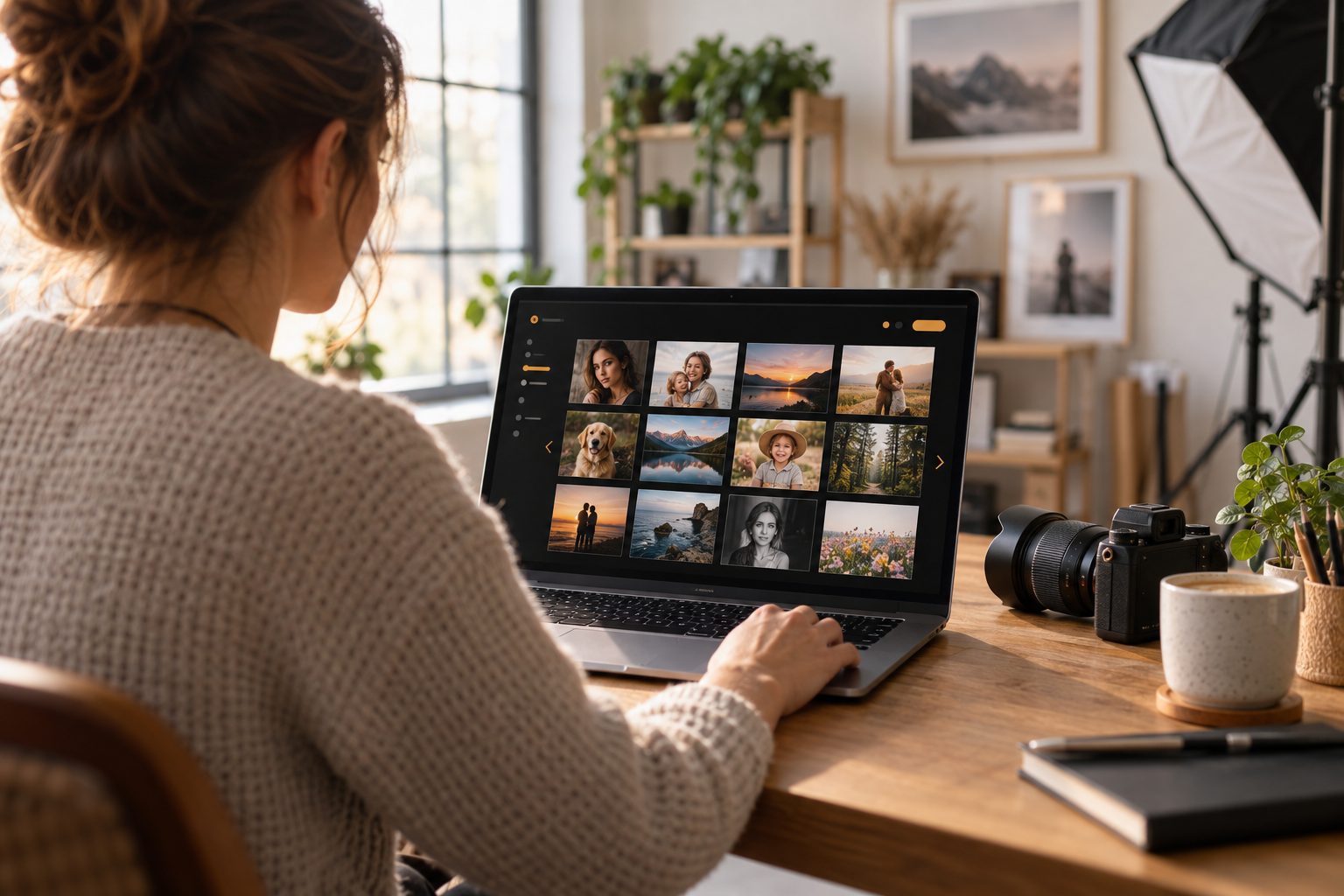 Fotós laptopon ellenőrzi az ügyfélgalériát a stúdiójában